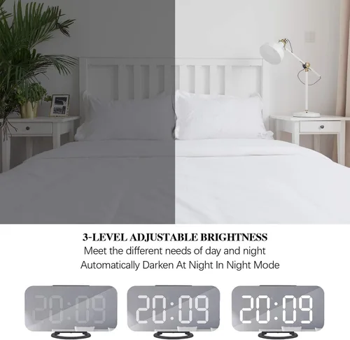 Vista 3 de Miowachi Reloj despertador digital, reloj LED de espejo grande, repetición, luz nocturna tenue, 2 puertos de cargador USB, reloj despertador de Negro