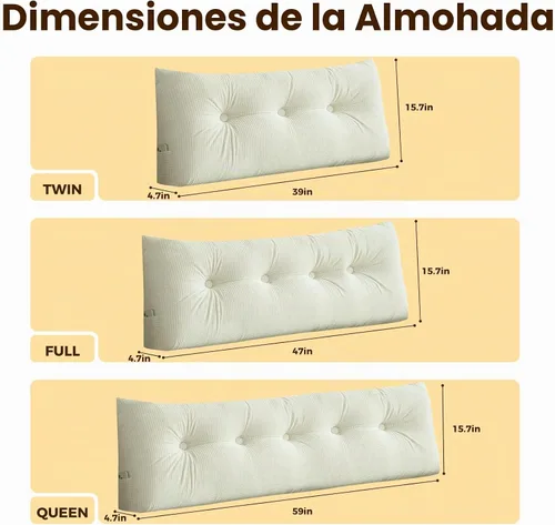 Vista 8 de Almohada de cuña beige tamaño individual XL para dormitorio, cama, cabecero, almohadas de cuña para espacio de cabecero con funda no extraíble, 39 x
