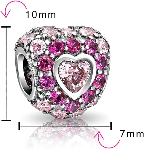 Vista 3 de Abalorio de San Valentín personalizado con texto en inglés "Love", diseño de flor de cristal rosa, diseño retro, con forma de corazón, para mujeres