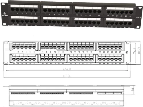 Vista 7 de AEONS Panel de conexiones CAT6 UTP de 48 puertos 2U de 19 pulgadas para montaje en rack RJ45 compatible con Cat 5/5e/6 Gigabit/Fast Ethernet, barra