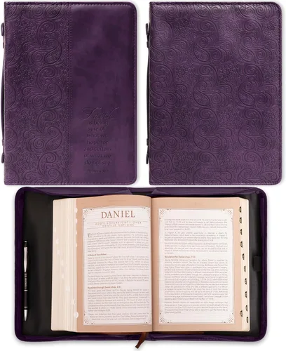 Vista 2 de Cubierta de Biblia de Moda para Mujeres de Christian Art Gifts, Fe Hebreos 11:1, Púrpura Paisley de Cuero Sintético, Mediana