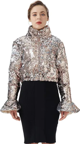 Vista 4 de Orolay Chaqueta pequeña de lentejuelas ultra corta con cuello alto para mujer