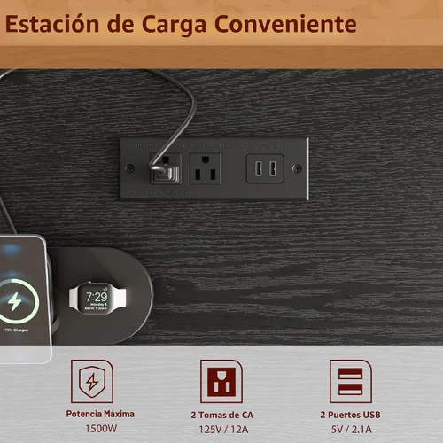 Vista 7 de GarveeHome Escritorio ejecutivo de granja con cajones, escritorio de oficina en casa de 53.54 pulgadas con estación de carga, escritorio de madera