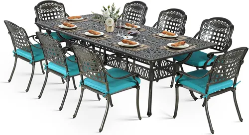 Vista 28 de VIVIJASON Juego de comedor al aire libre de 9 piezas, juego de mesa y sillas de patio de aluminio fundido para 8, incluye mesa rectangular de 94.5