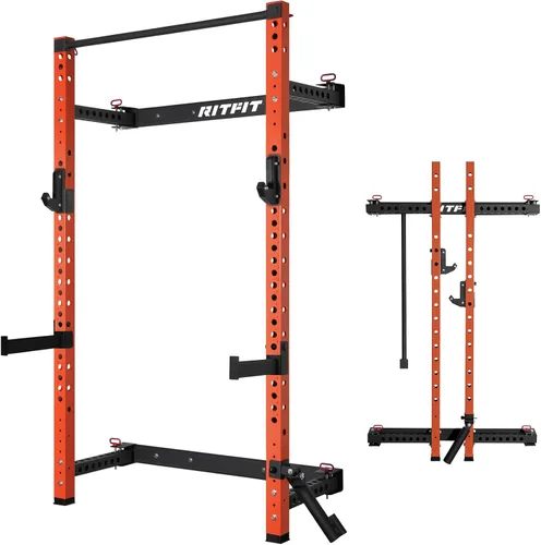 Vista 12 de RitFit 2.36'' x 2.36'' Folding Squat Rack for Home Gym, Wall Mounted Squat Rack with Attachments - Space Saving Squat Power Rack Negro