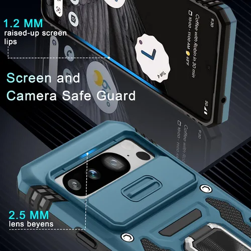 Vista 5 de DEERLAMN Funda para Google Pixel 8 Pro con cubierta deslizante para cámara + protector de pantalla (1 paquete), soporte de anillo giratorio tipo