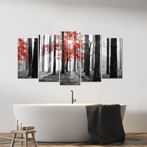Vista 4 de Kalormore 5 piezas de arte para pared, diseño de árbol de la vida, bosque brumoso en blanco y negro, arte sobre lienzo, paisaje, naturaleza