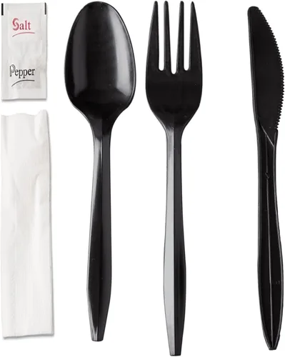 Vista 2 de 250 paquetes de cubiertos desechables – Cuchillo, tenedor, cuchara, servilleta, sal, pimienta Juegos de cubiertos envueltos individualmente