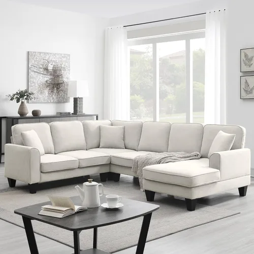Vista 19 de Quarte Sofá seccional en forma de U, sofá modular con dos asientos individuales, dos sillas, combinación de bricolaje, tela de hilo en bucle Beige/5