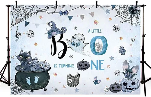Vista 2 de MEHOFOND Fondo espeluznante de 7 x 5 pies para fotografía de primer cumpleaños de Halloween para niño, acuarela azul, Halloween, boo, fiesta