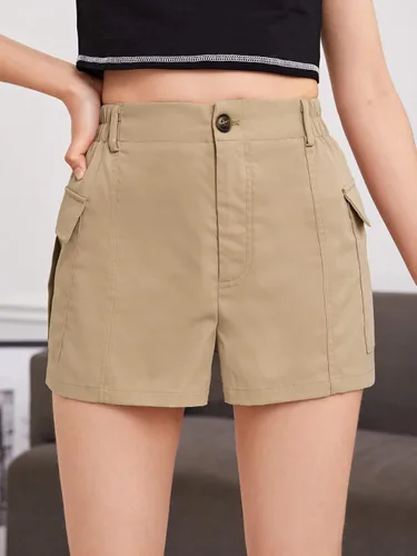 Vista 4 de Milumia Pantalones cortos de carga con bolsillo con solapa y botones de cintura alta para niña