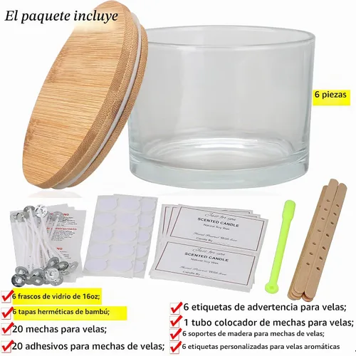 Vista 2 de MILIVIXAY Paquete de 6 tarros de vela de 16 onzas con tapas de bambú y kits de fabricación de velas, tarros de vela de 3 mechas, tarros de vidrio