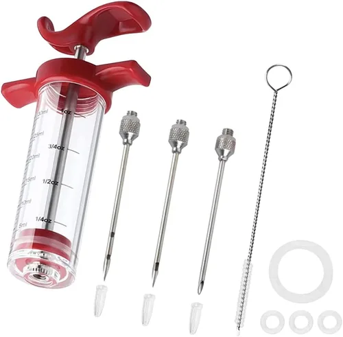 Vista 9 de Kit de jeringa-e para inyector de carne, inyector de pavo poroso de 3 agujas para carnes con cepillo de limpieza, inyector de adobo jeringa-e