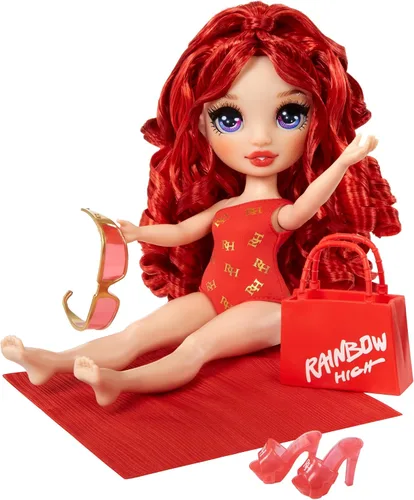 Vista 5 de Rainbow High Swim & Style Ruby, muñeca de moda roja de 11 pulgadas con envoltura brillante para peinar de más de 10 formas, traje de baño removible