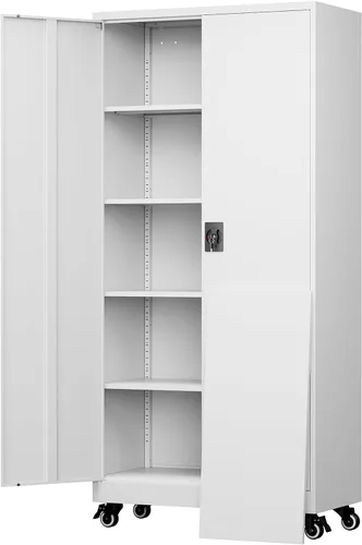 Vista 16 de Yizosh Armario de almacenamiento de metal para garaje con 2 puertas y 5 estantes ajustables, gabinete de archivo de acero con cerradura de 71