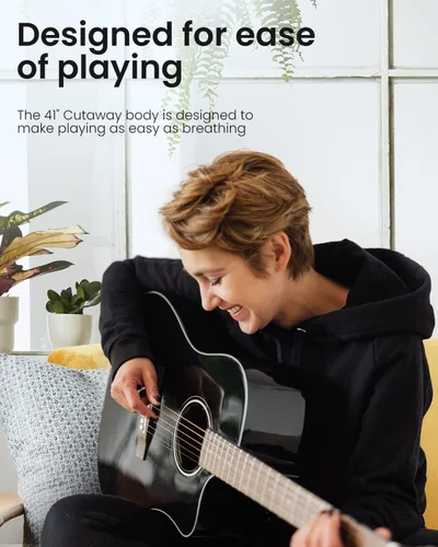 Vista 6 de Moukey Guitarra acústica de 41 pulgadas para principiantes, adultos, adolescentes, tamaño completo, con póster de acordes, bolsa de concierto, Negro