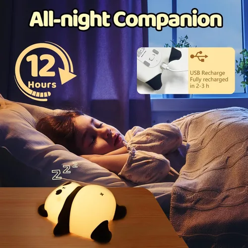 Vista 3 de Linda luz nocturna recargable de panda, luz nocturna para guardería con 3 niveles de atenuación y temporizador, luz nocturna de silicona de lindo