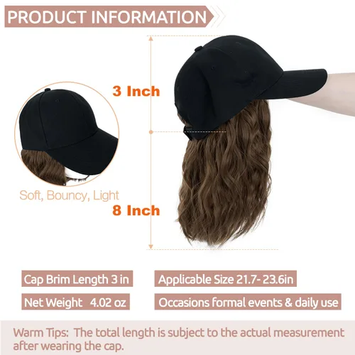 Vista 4 de S-noilite Peluca de gorra de béisbol con extensiones de cabello, 8 pulgadas, corta, rizada, ondulada, estilo Bob, peinado, ajustable, con cabello