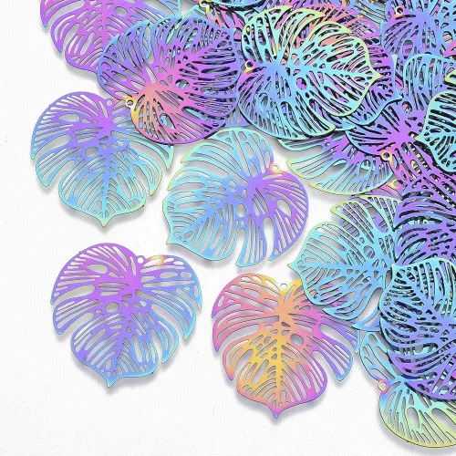Vista 9 de Beadthoven - Dije de filigrana de acero inoxidable con dije de filigrana, colgantes, hojas de plumas, mariposas, gotas de té color arco iris Surtido