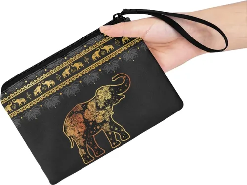 Vista 3 de Monedero para mujer con cremallera lindo monedero mini bolsa bolsa suave bolso de mano, Boho Elefante y Flores - Oro