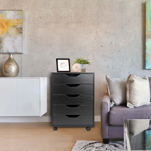Vista 6 de ZENY Cómoda de 5 cajones, archivador móvil con ruedas, gabinete de almacenamiento para oficina en casa debajo del escritorio, cajones de Negro