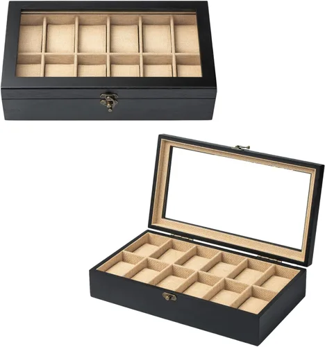 Vista 8 de Exper City Caja de reloj, caja de reloj para hombres y mujeres con tapa de vidrio grande, caja de almacenamiento de madera con 12 ranuras
