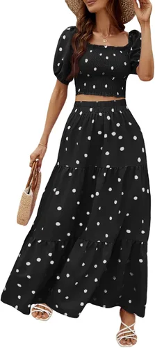 Vista 5 de Rooscier Conjunto de 2 piezas para mujer con blusa corta fruncida y falda larga para playa