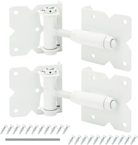 Vista 8 de Bisagras de hardware de puerta de cierre automático, resistentes para vallas de madera/vinilo/PVC, ajustable en 90 grados, con tornillos