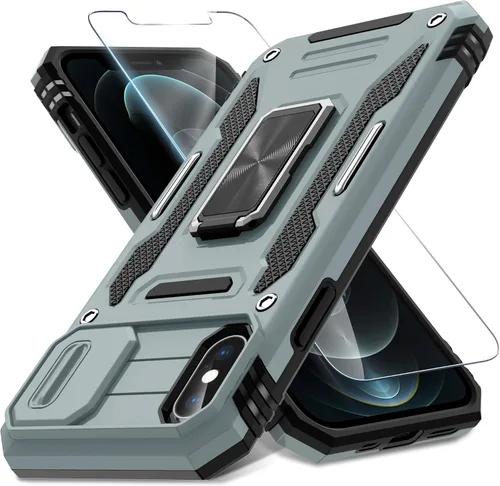 Vista 320 de DEERLAMN Funda para iPhone Xs Max con funda deslizante para cámara + protector de pantalla, soporte giratorio de anillo de grado militar a prueba