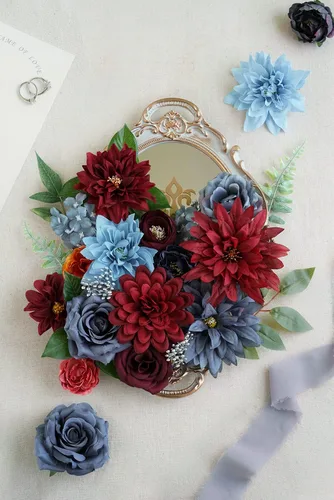 Vista 2 de Paquete combinado de flores artificiales burdeos, arreglo combinado de flores de boda azul marino y burdeos para ramos de boda, arreglos combinados