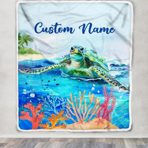Vista 3 de Manta personalizada con nombre de tortuga para bebé, niño, niña, mar, recién nacido, hijo, hija, nieta, sobrina, cumpleaños, Navidad, manta de forro