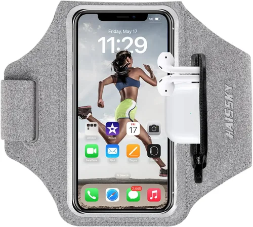 Vista 11 de Brazalete para teléfono celular con bolsillo con cremallera, soporte para iPhone 16 Pro Max/15/14 Pro Max/13/12/11 Pro Max/XS/XR, Galaxy S20 S10