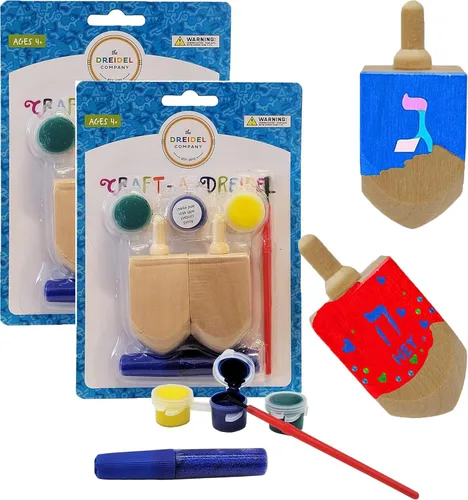 Vista 6 de The Dreidel Company Craft-A-Dreidel, crea tu propia personalización, el kit incluye 2 Dreidels de madera, 3 colores, 1 cepillo, 1 purpurina