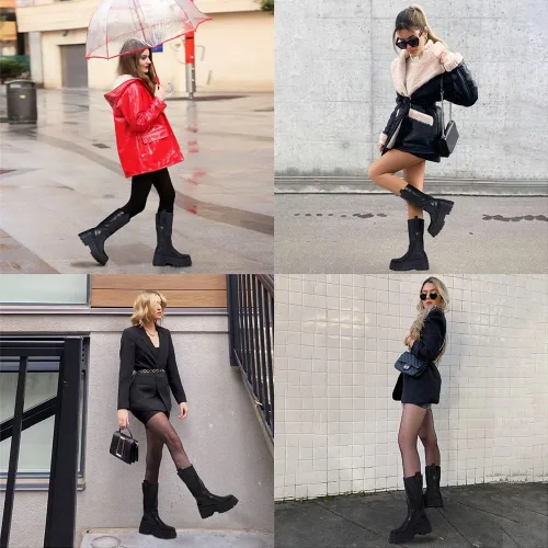Vista 2 de VIMISAOI Botas de plataforma de bloque grueso para mujer, punta redonda, botas góticas hasta la rodilla, botas de media pantorrilla