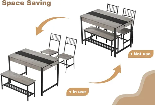 Vista 5 de IDEALHOUSE Juego de mesa de comedor para 4 personas, mesa de cocina pequeña y 2 sillas para 4 con banco, juego de mesa rectangular de granja de Gris