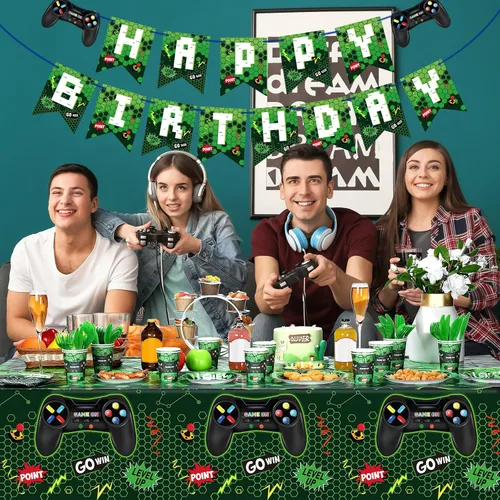 Vista 5 de Tiamon 172 piezas de decoración de fiesta de videojuegos – Sirve 24 suministros de vajilla de fiesta de juegos, incluye pancartas de feliz