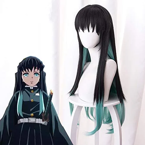 Vista 2 de Aadesso Demon Slayer Kimetsu No Yaiba Tokitou Muichirou Peluca Anime Cosplay negro y azul degradado peluca larga recta para hombres y mujeres
