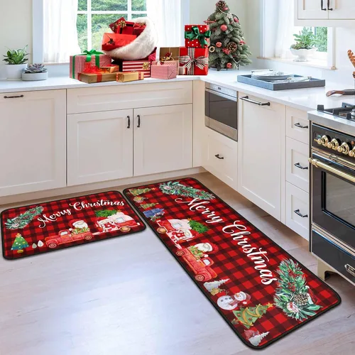 Vista 3 de 2 piezas de alfombras y tapetes de cocina de Navidad para el suelo con respaldo antideslizante, decoración de cocina de Navidad feliz, juego
