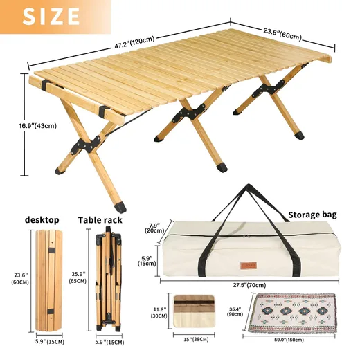 Vista 2 de Mesa plegable portátil, mesa de bambú de 4 pies para acampar al aire libre, mesa de picnic baja para sentarse en el suelo, mesa plegable de playa
