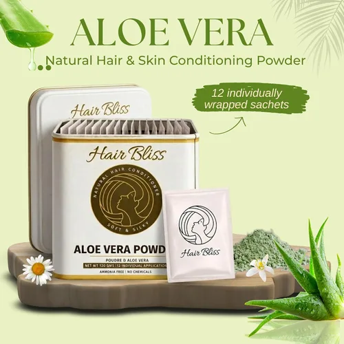 Vista 4 de Hair Bliss Natural Aloe Vera Herbal Hair & Skin Conditioning Powder 12 Individual Sachets (10 gm Each) Reusable Brush & Tray Included By Pride
