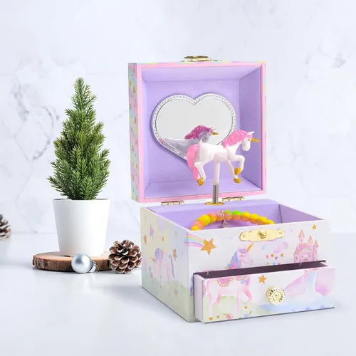 Vista 2 de Jewelkeeper Joyero para niñas con 1 cajón, joyeros musicales de unicornio para fiestas, hermosa melodía soñadora y muñeca de unicornio giratoria