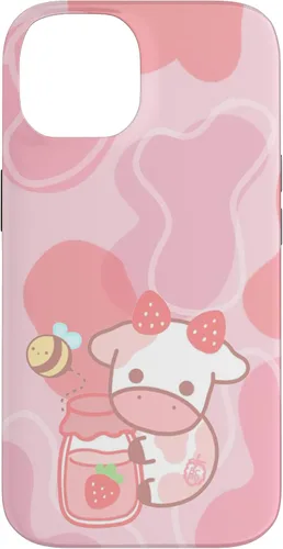 Vista 4 de Funda Kawaii para iPhone 12, diseño de vaca fresa, color rosa