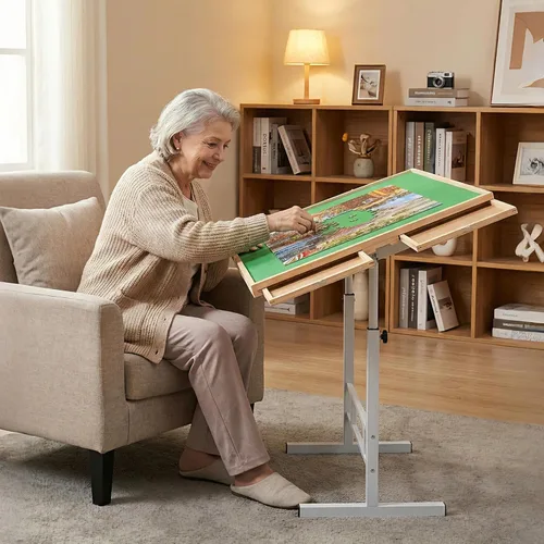 Vista 7 de Fanwer Mesa de rompecabezas de 1500 piezas con 4 cajones, mesa de rompecabezas con patas ajustables en ángulo y altura, mesas de rompecabezas