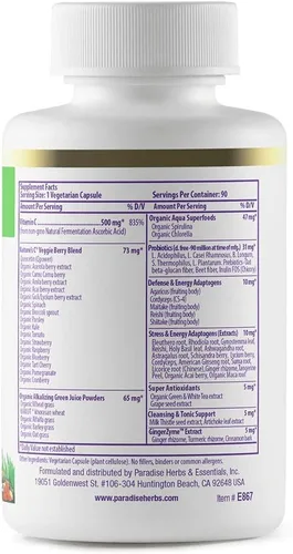 Vista 2 de Paradise Herbs Earth's Blend Vitamina C con Nature's C y adaptógenos, base de superalimentos de probióticos y verduras alcalinizantes orgánicas, 90