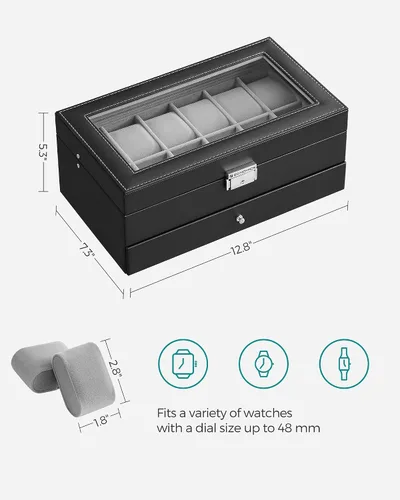 Vista 6 de SONGMICS Caja de reloj, Organizador de 12 relojes de hombre, Joyero con cerradura y llaves, Negro UJWB012