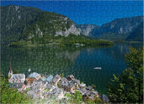 Vista 7 de MyPuzzle Hallstatt at Lake Hallstatt with Evangelical Christ Church, Salzkammergut - Rompecabezas prémium de 100 piezas para adultos