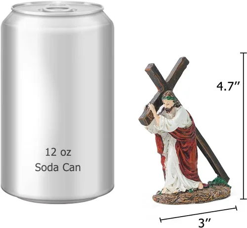 Vista 3 de DreamsEden Figura religiosa pequeña de 4.7 pulgadas con cruz de Jesús, figura religiosa de pequeño Jesús que lleva la cruz en el camino al calvario