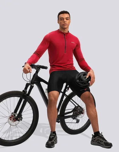 Vista 6 de Bikewa Maillot de ciclismo para hombre con 3+1 bolsillos traseros con cremallera, manga larga, absorción de humedad, UPF 50+ media cremallera