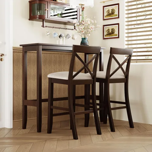 Vista 8 de P PURLOVE Juego de mesa de bar de 3 piezas, mesa de comedor de cocina rústica de altura de barra para 2, mesa de comedor rectangular con 2 sillas