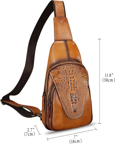 Vista 4 de Bolso de cuero genuino para hombres y mujeres en relieve de piel de cocodrilo honda mochila bandolera de pecho